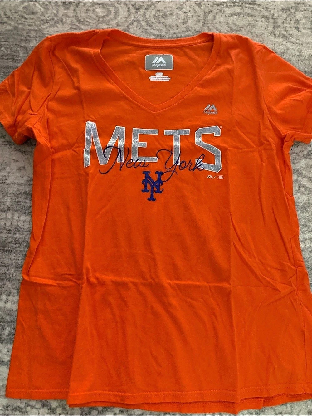 🆕- Majestic Woman’s New York Mets Glitter V-Neck T-Shirt Orange & Blue